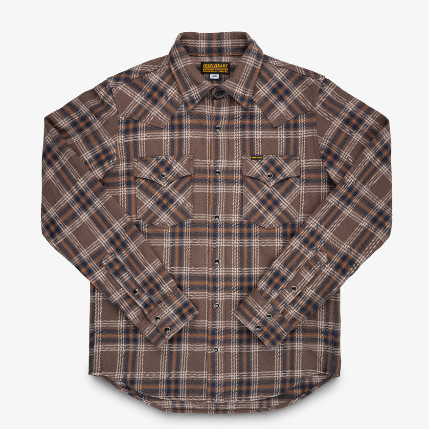Iron Heart - IHSH-431-Brn Slubby Heavy Flannel Check Western Shirt