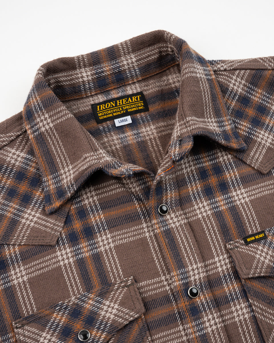 Iron Heart - IHSH-431-Brn Slubby Heavy Flannel Check Western Shirt