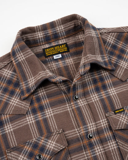 Iron Heart - IHSH-431-Brn Slubby Heavy Flannel Check Western Shirt